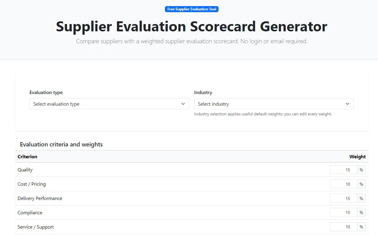 Supplier Evaluation Scorecard Generator: Create a Weighted Supplier Scorecard