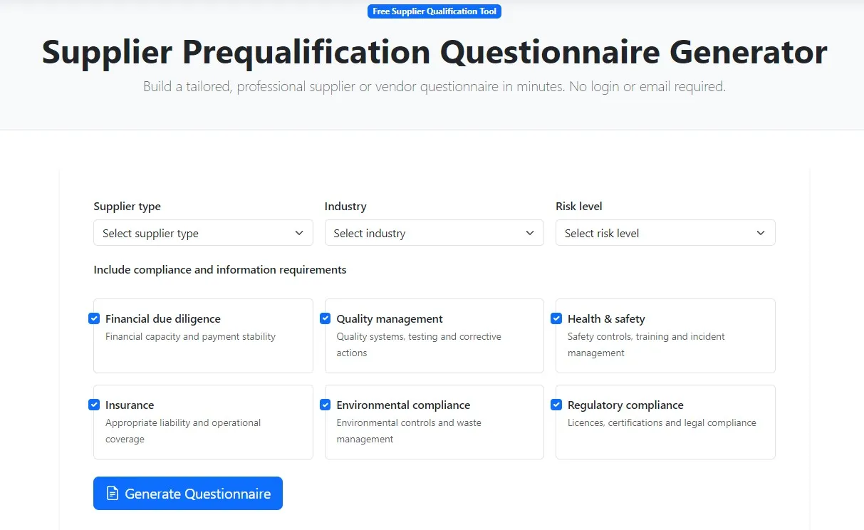 Supplier Prequalification Questionnaire Generator: Create a Supplier Qualification Questionnaire