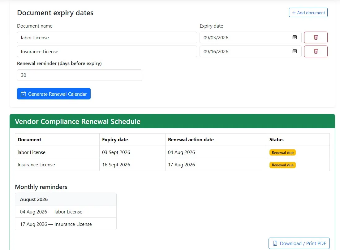 Vendor Compliance Calendar: Free Tool to Plan Supplier and Contractor Compliance